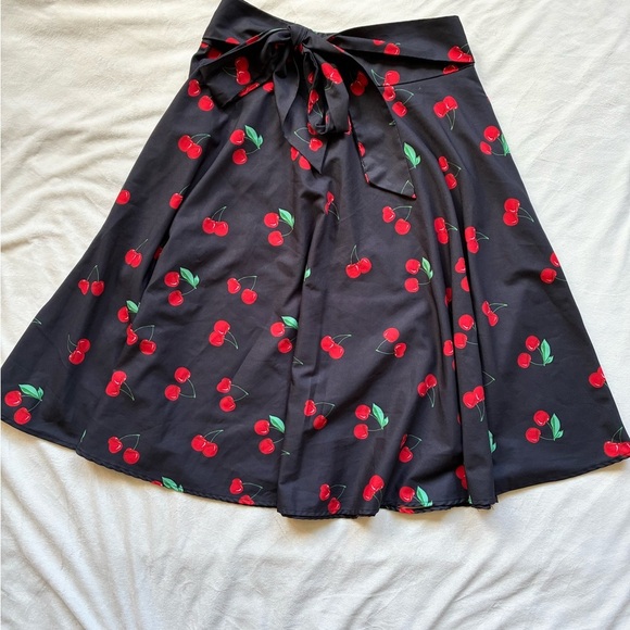 Belle Poque Cherry Print A-Line Midi Skirt w/ Tie Waist Black M— Pin-up Style - Picture 2 of 10